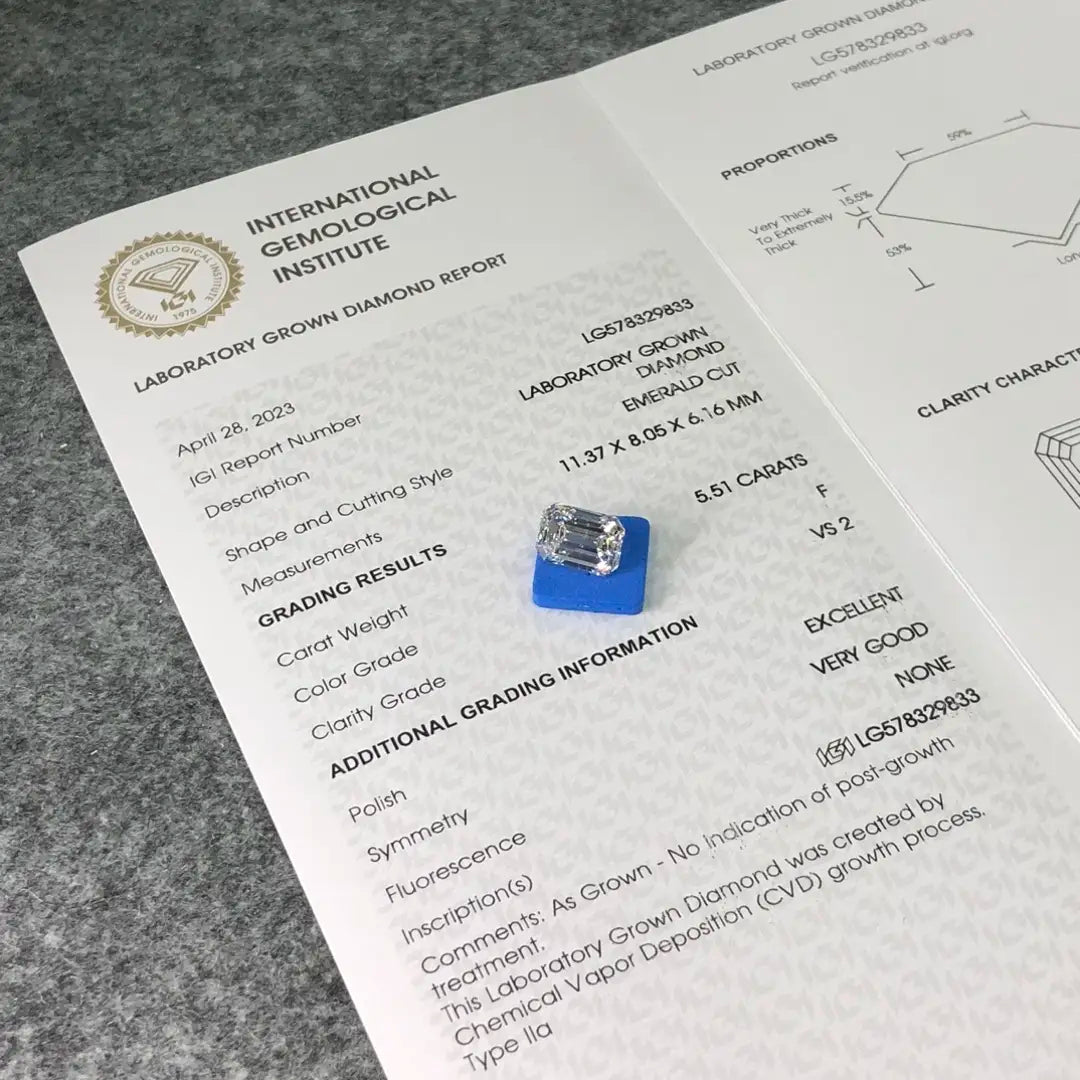 Emerald Cut 5.5ct F VS2 CVD Lab Grown Diamond IGI Certificate LG578329833