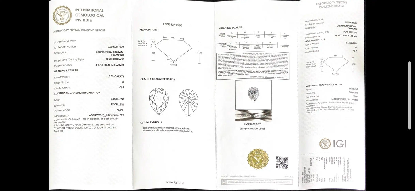 Pear Shape 5.3ct G VS2 CVD  Lab Grown Diamond IGI Certificate LG553241620