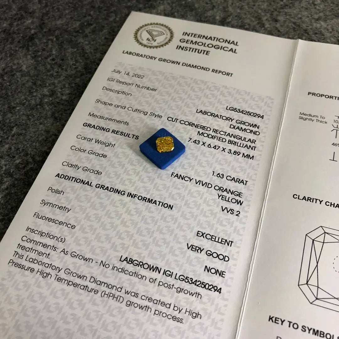 Radiant Cut 1.63ct Fancy Vivid Orange Yellow VVS2 HPHT Lab Grown Diamond IGI Certificate LG534250294