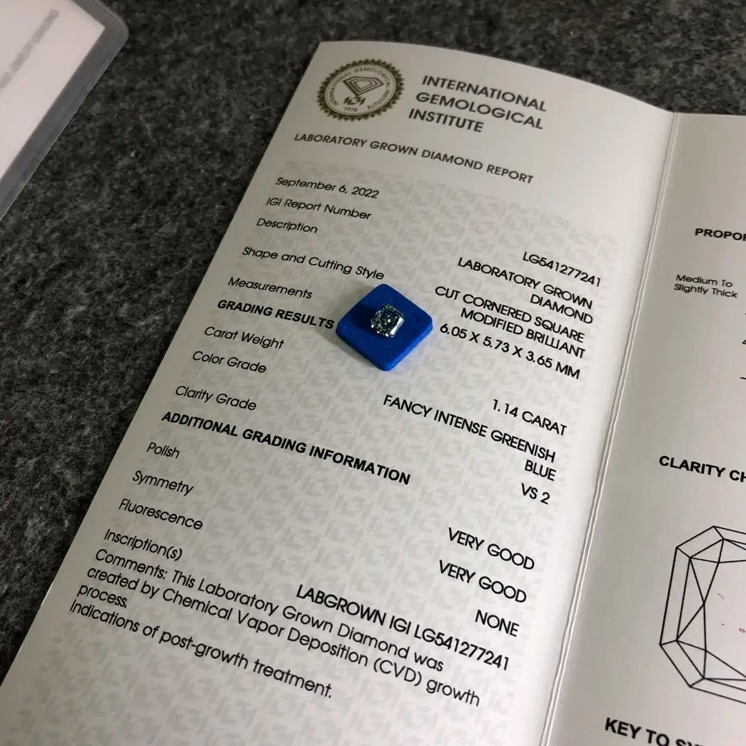 Radiant Cut 1.14ct Fancy Intense Greenish Blue VS2 CVD Lab Grown Diamond IGI Certificate LG541277241
