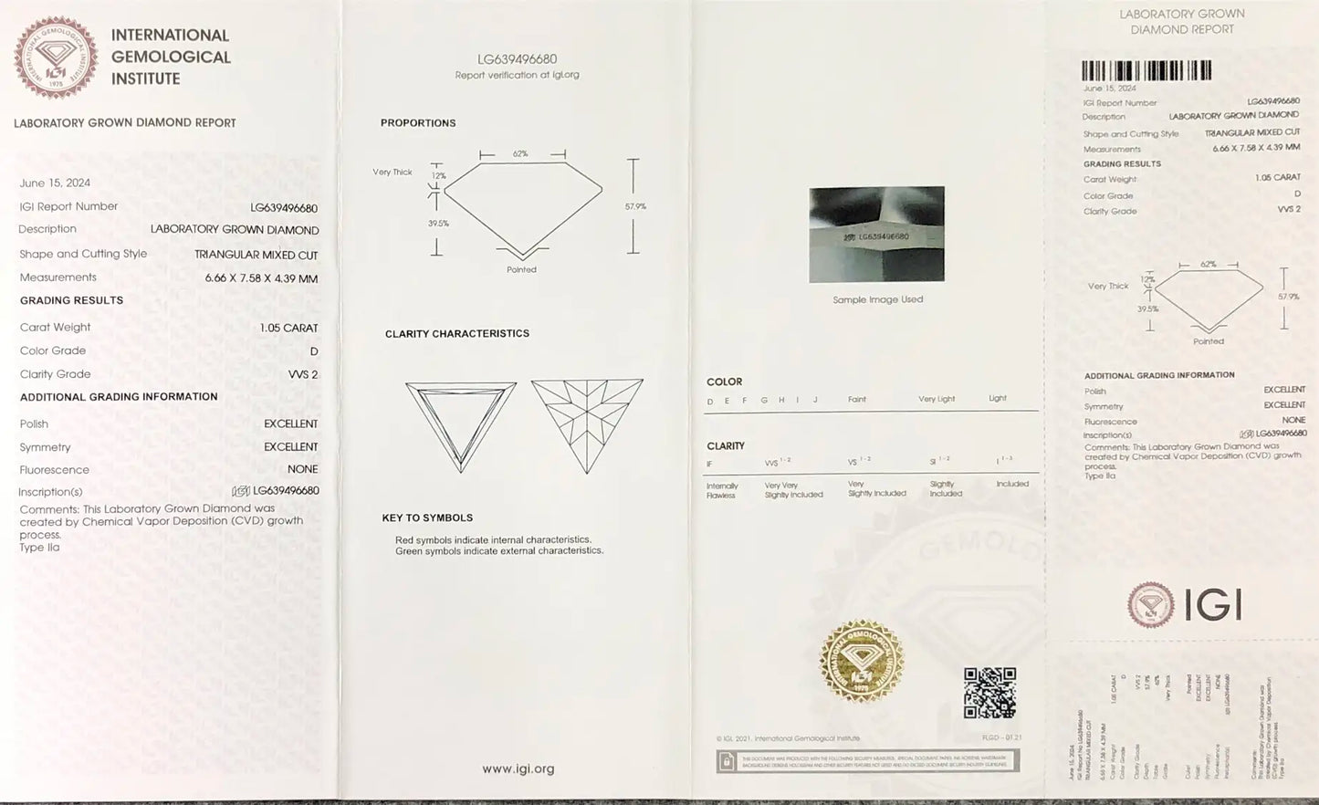 CVD Lab Diamond LG639496680 Triangular Mixed Cut 1.05CT D VVS2 EX EX