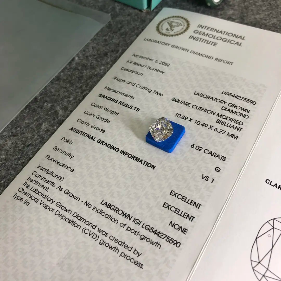 Square Cushion 6ct G VS1 CVD Lab Grown Diamond IGI Certificate LG544275590