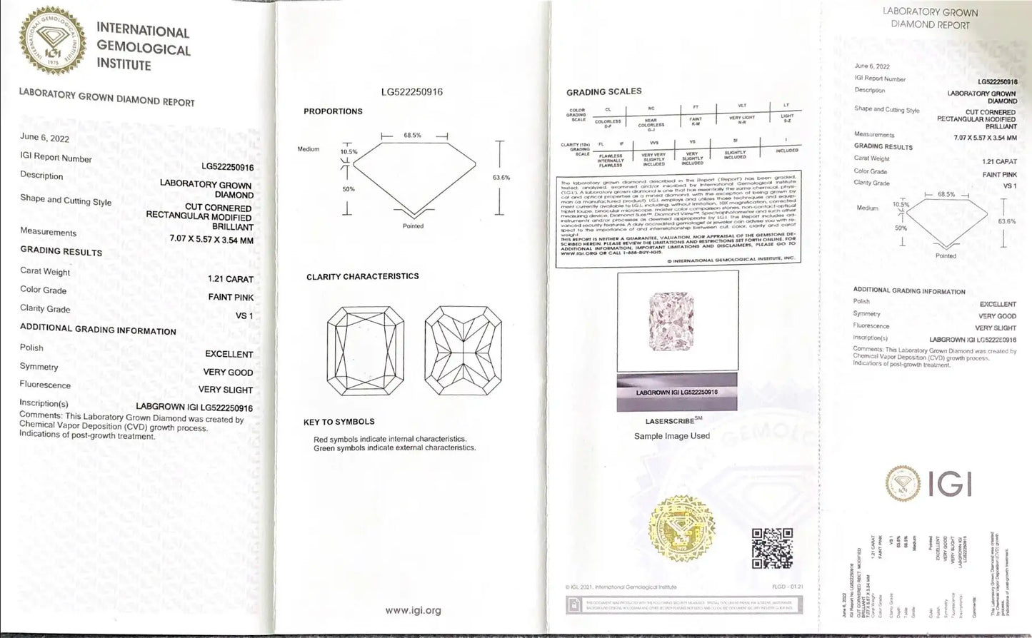 Radiant Cut 1.21ct Faint Pink VS1 CVD Lab Grown Diamond IGI Certificate LG522250916