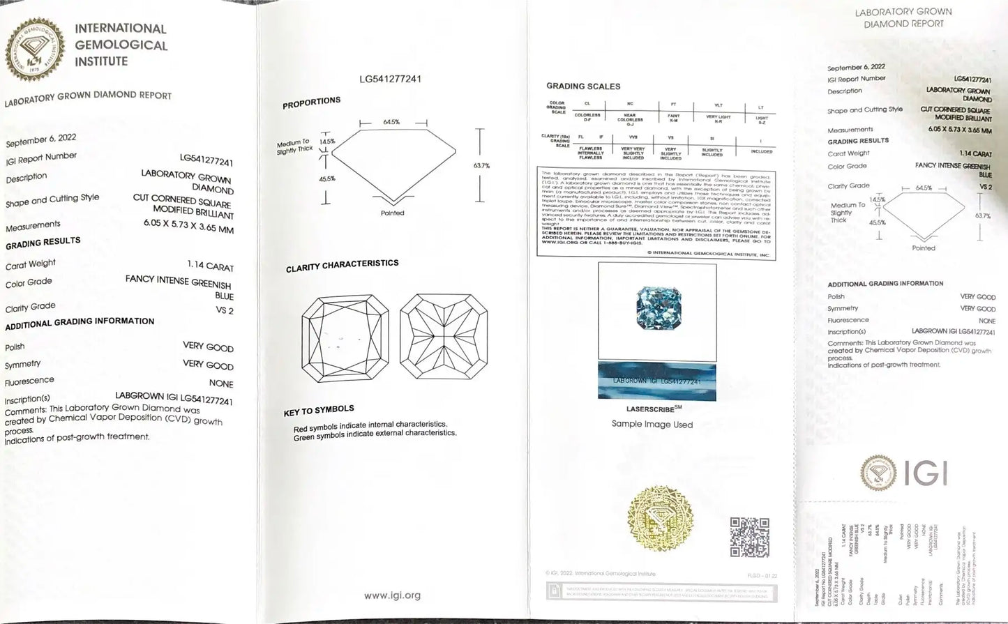 Radiant Cut 1.14ct Fancy Intense Greenish Blue VS2 CVD Lab Grown Diamond IGI Certificate LG541277241
