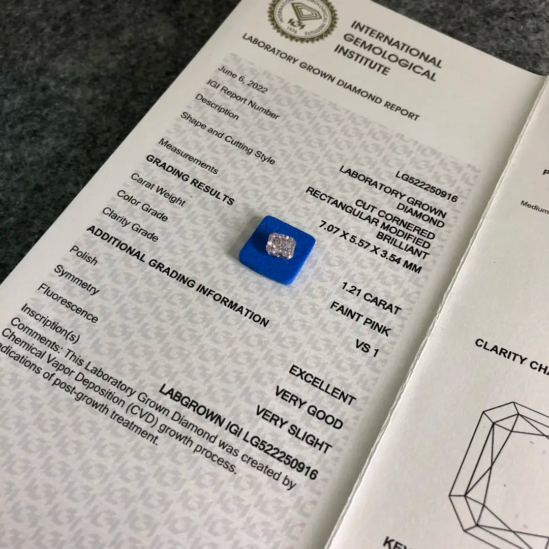 Radiant Cut 1.21ct Faint Pink VS1 CVD Lab Grown Diamond IGI Certificate LG522250916