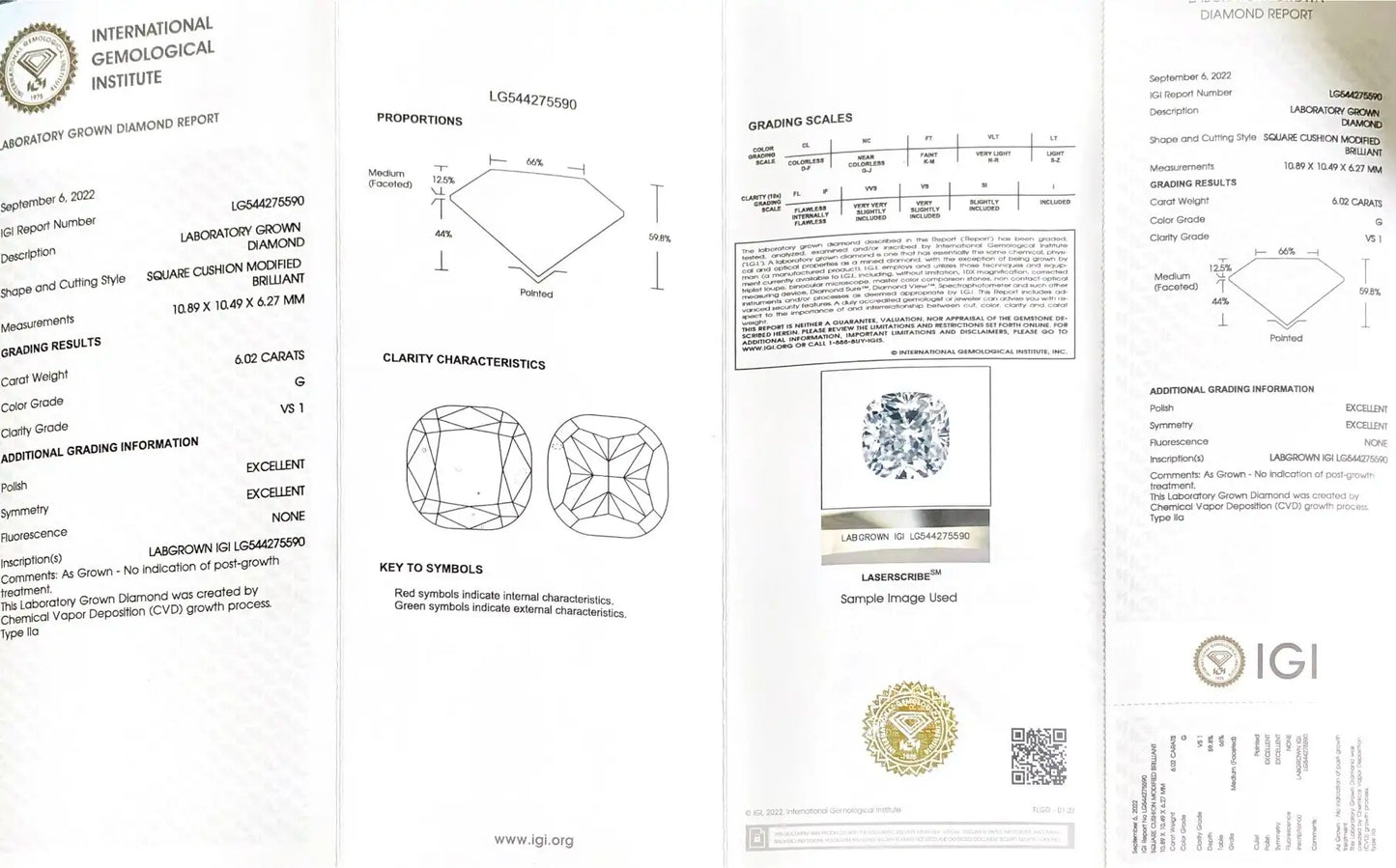 Square Cushion 6ct G VS1 CVD Lab Grown Diamond IGI Certificate LG544275590