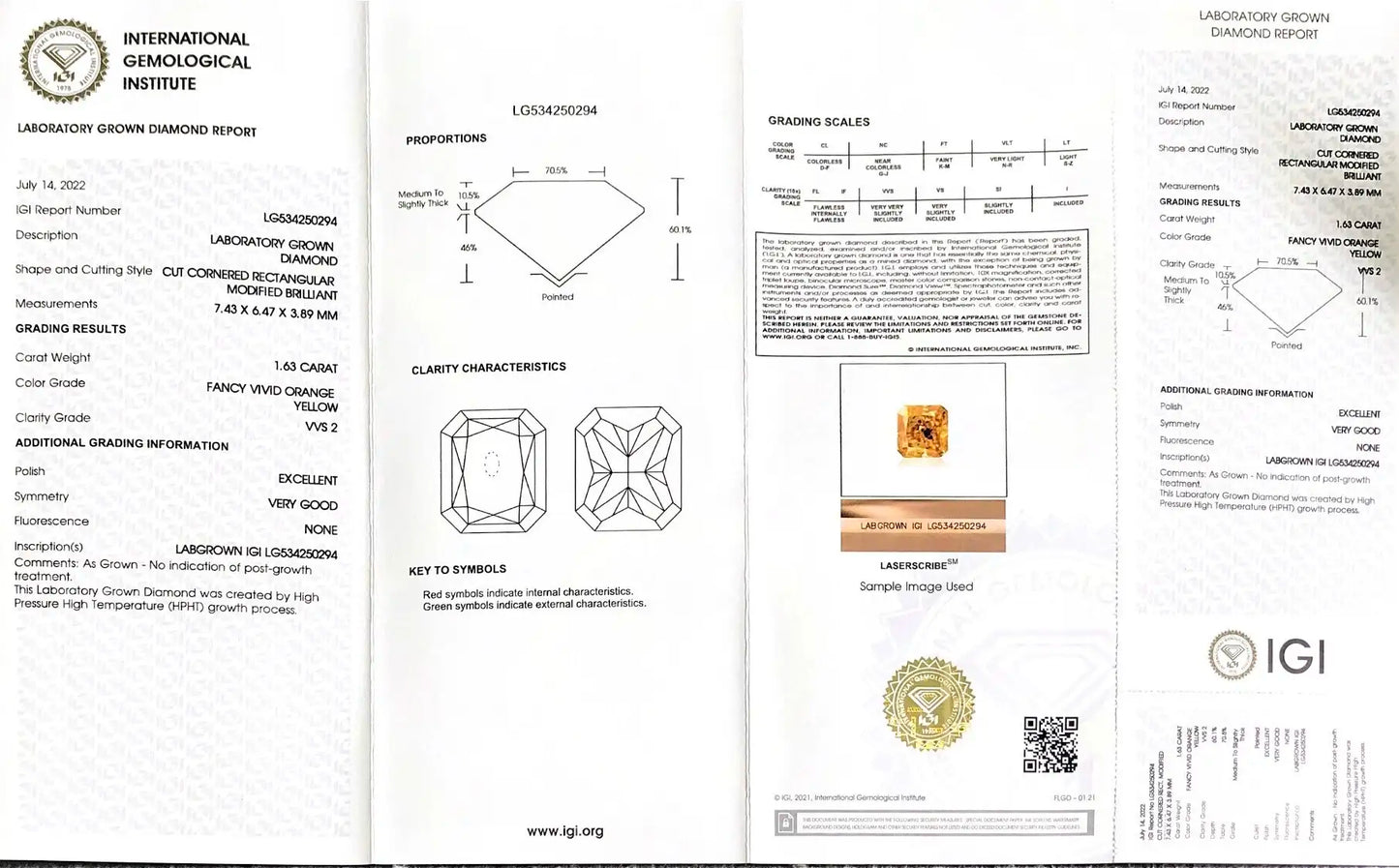 Radiant Cut 1.6ct Fancy Vivid Orange Yellow VVS2 HPHT Diamond Lab Grown Diamond IGI Certificate LG534250294