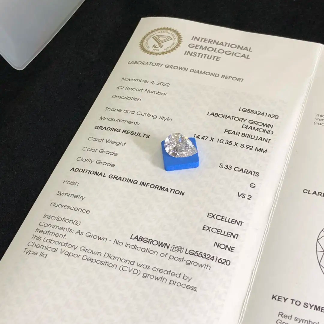 Pear Shape 5.3ct G VS2 CVD  Lab Grown Diamond IGI Certificate LG553241620