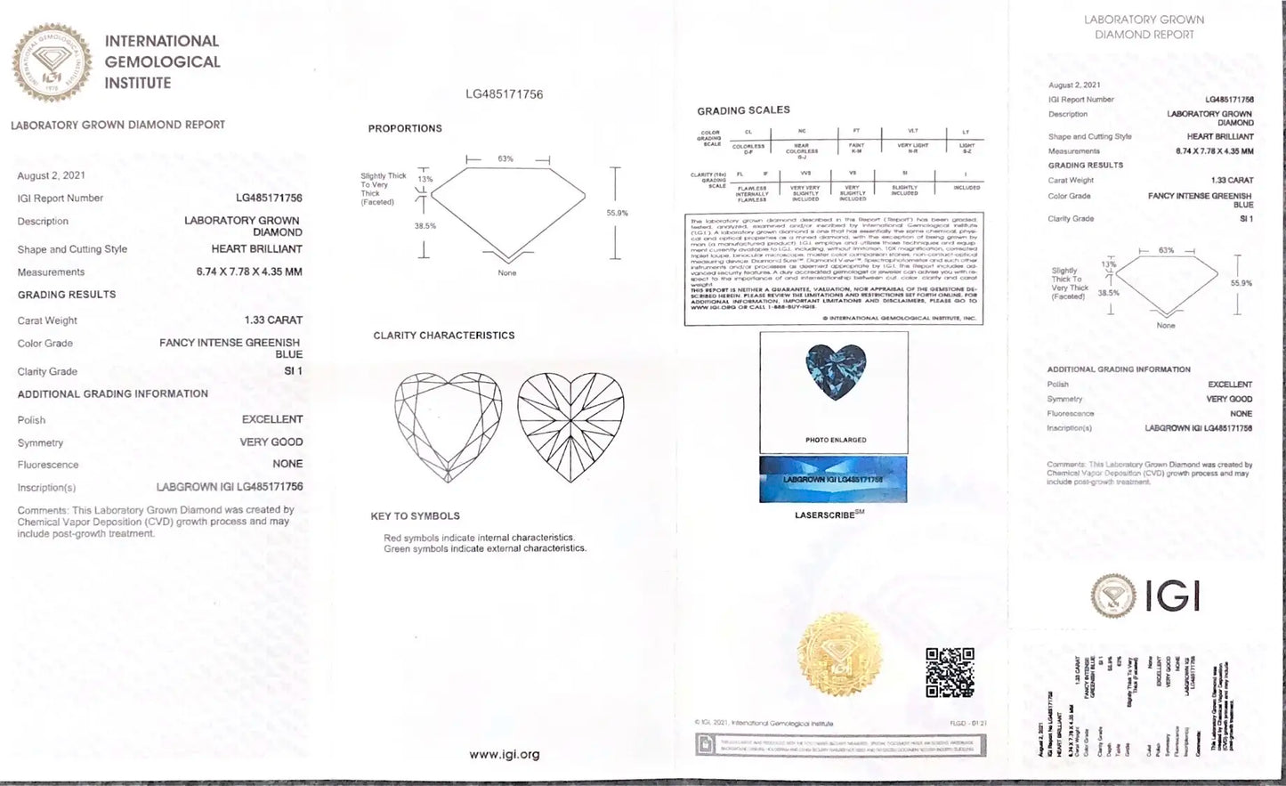 Heart Shaped Blue 1.33ct Lab Grown Diamond With IGI Certificate LG485171756