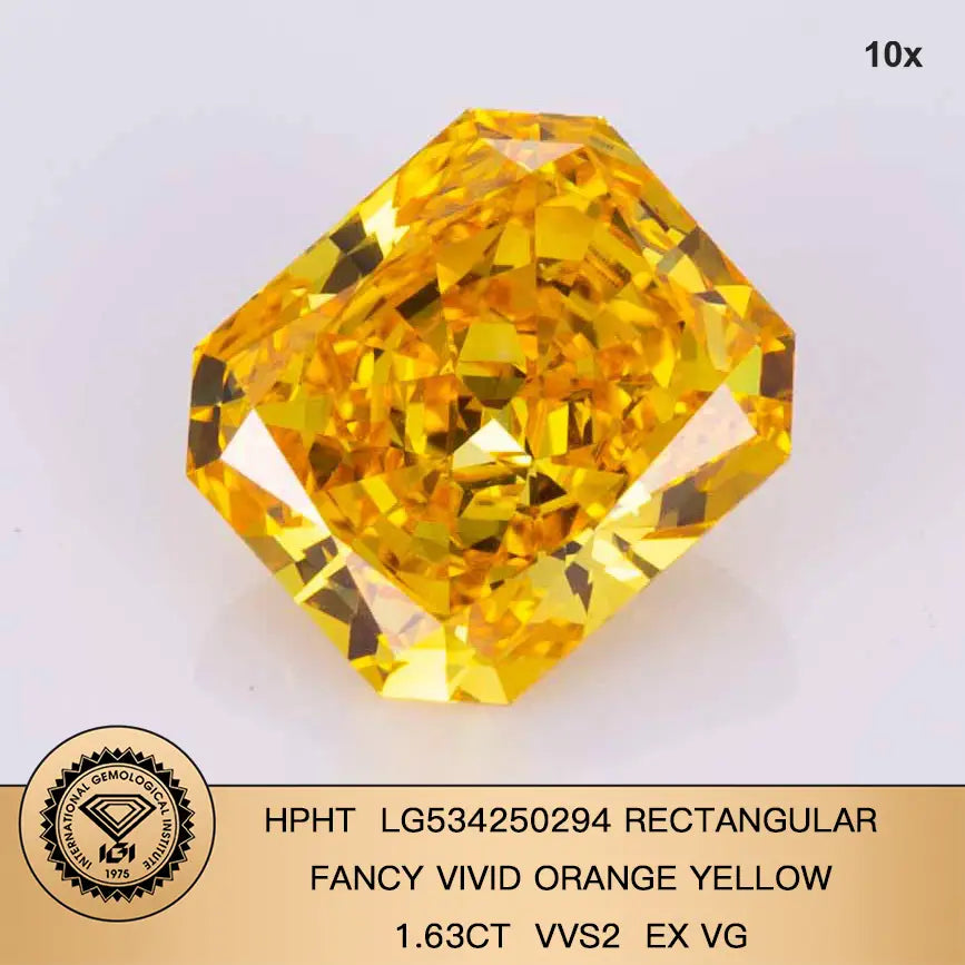 Radiant Cut 1.6ct Fancy Vivid Orange Yellow VVS2 HPHT Diamond Lab Grown Diamond IGI Certificate LG534250294