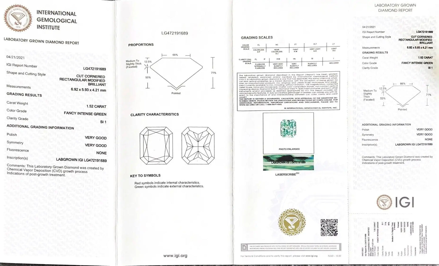 Radiant Cut 1.52ct Fancy Intense Green SI1 CVD Lab Grown Diamond IGI Certificate LG472191689