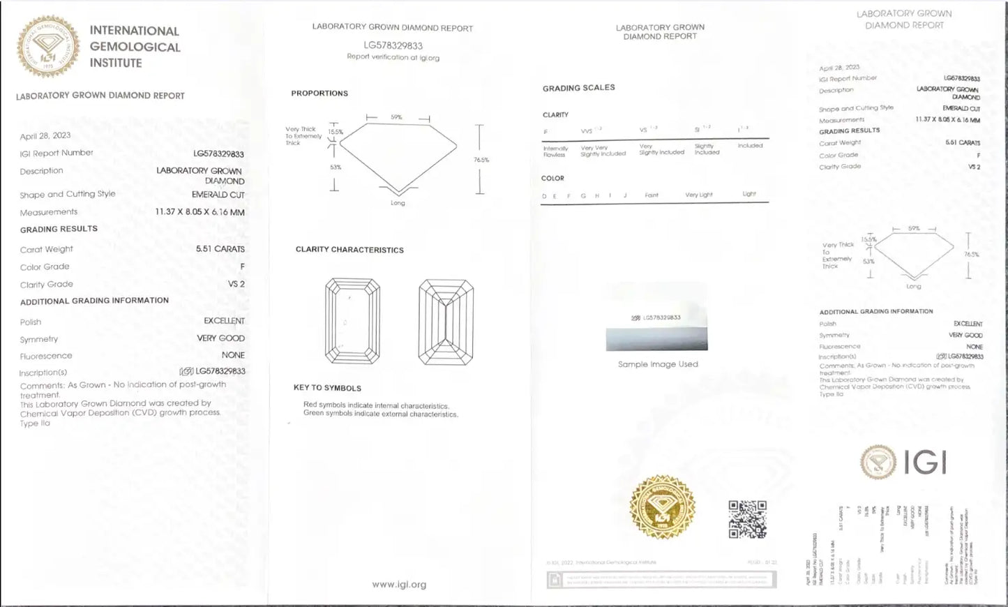 Emerald Cut 5.5ct F VS2 CVD Lab Grown Diamond IGI Certificate LG578329833
