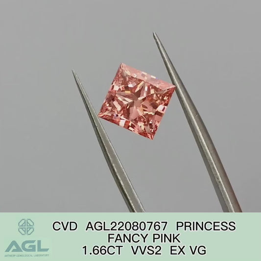 Princess cut 1.66ct Fancy Pink VVS2  EX VG CVD Lab Grown Diamond  AGL Certificate 22080767