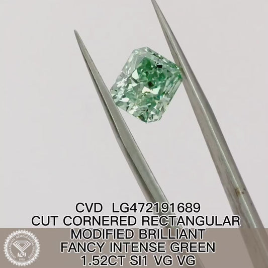 Radiant Cut 1.52ct Fancy Intense Green SI1 CVD Lab Grown Diamond IGI Certificate LG472191689