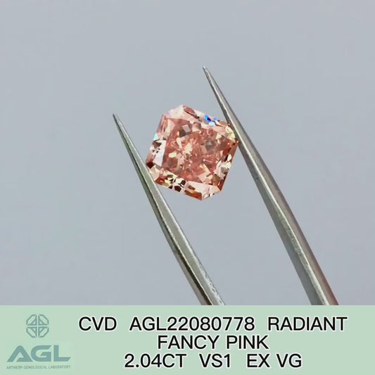Radiant 2.04ct Fancy Pink VS1 EX VG CVD  Lab Grown Diamond AGL Certificate 22080778